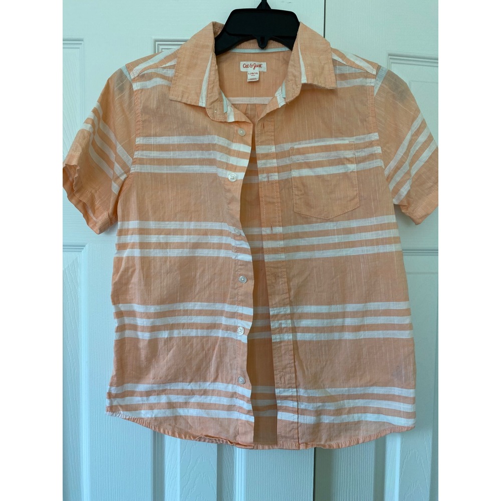 Cat & Jack Button Down Boys Large 10/12 Orange Striped Short Sleeve Summer Shirt